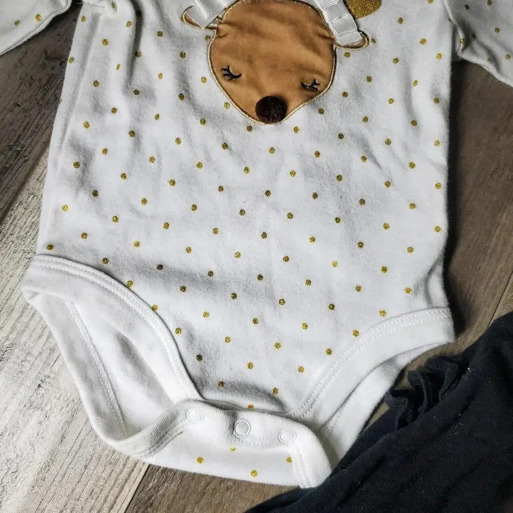 Baby Girl Reindeer Gold Polka Dot Outfit with Headband Size 3-6M
